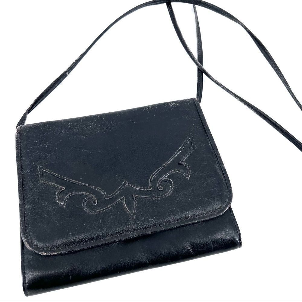 Vintage black leather cross Body purse bag shoulder bag Tooled mid century